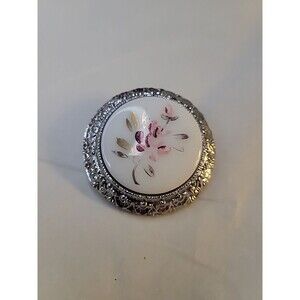 Vintage Handpainted Floral Porcelain Pink Rose Floral Cameo Brooch Pin